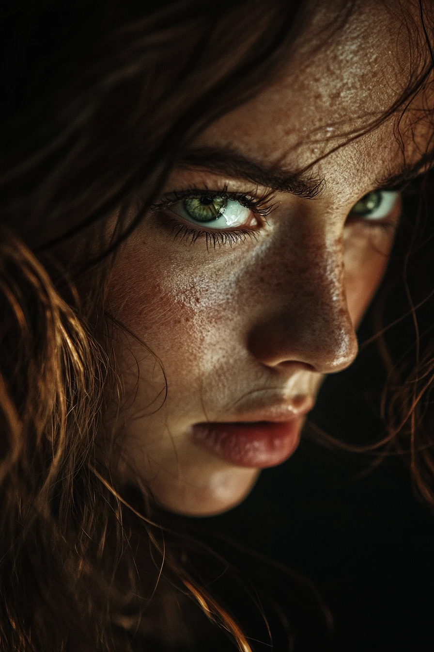 Mujer de ojos verdes intensos en retrato dramático en primer plano