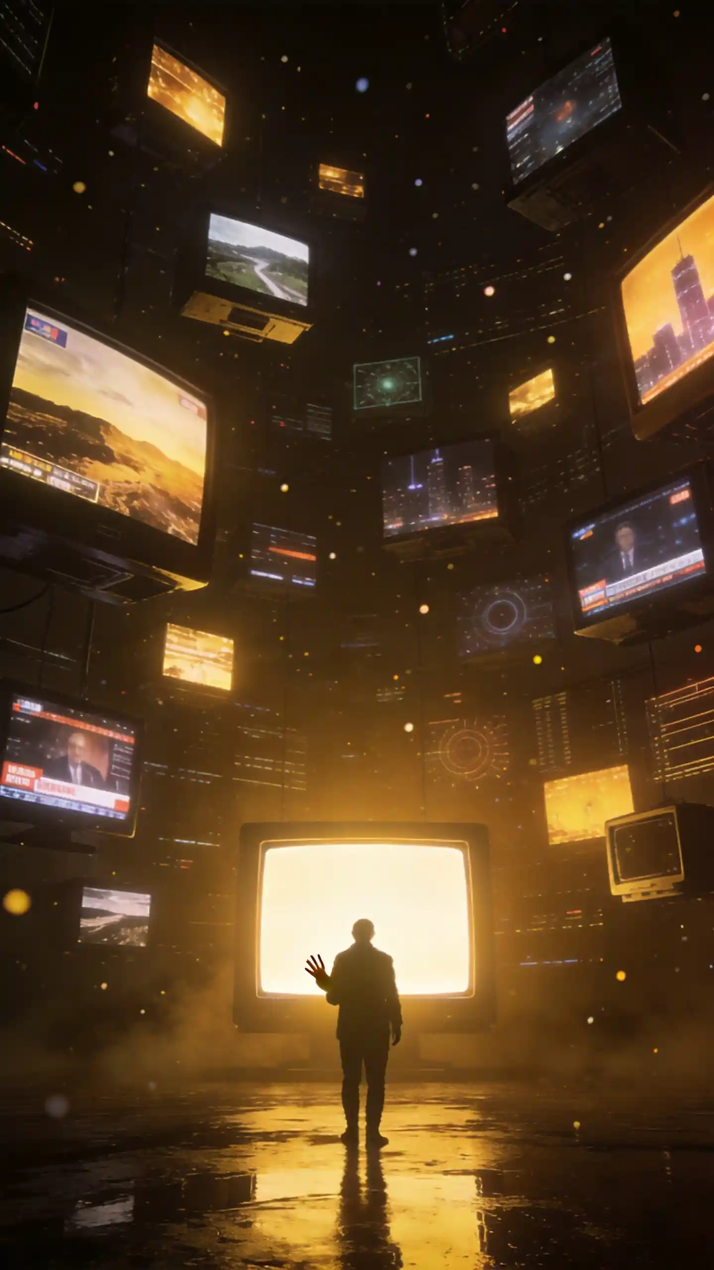 Silhouette before towering wall of glowing digital screens