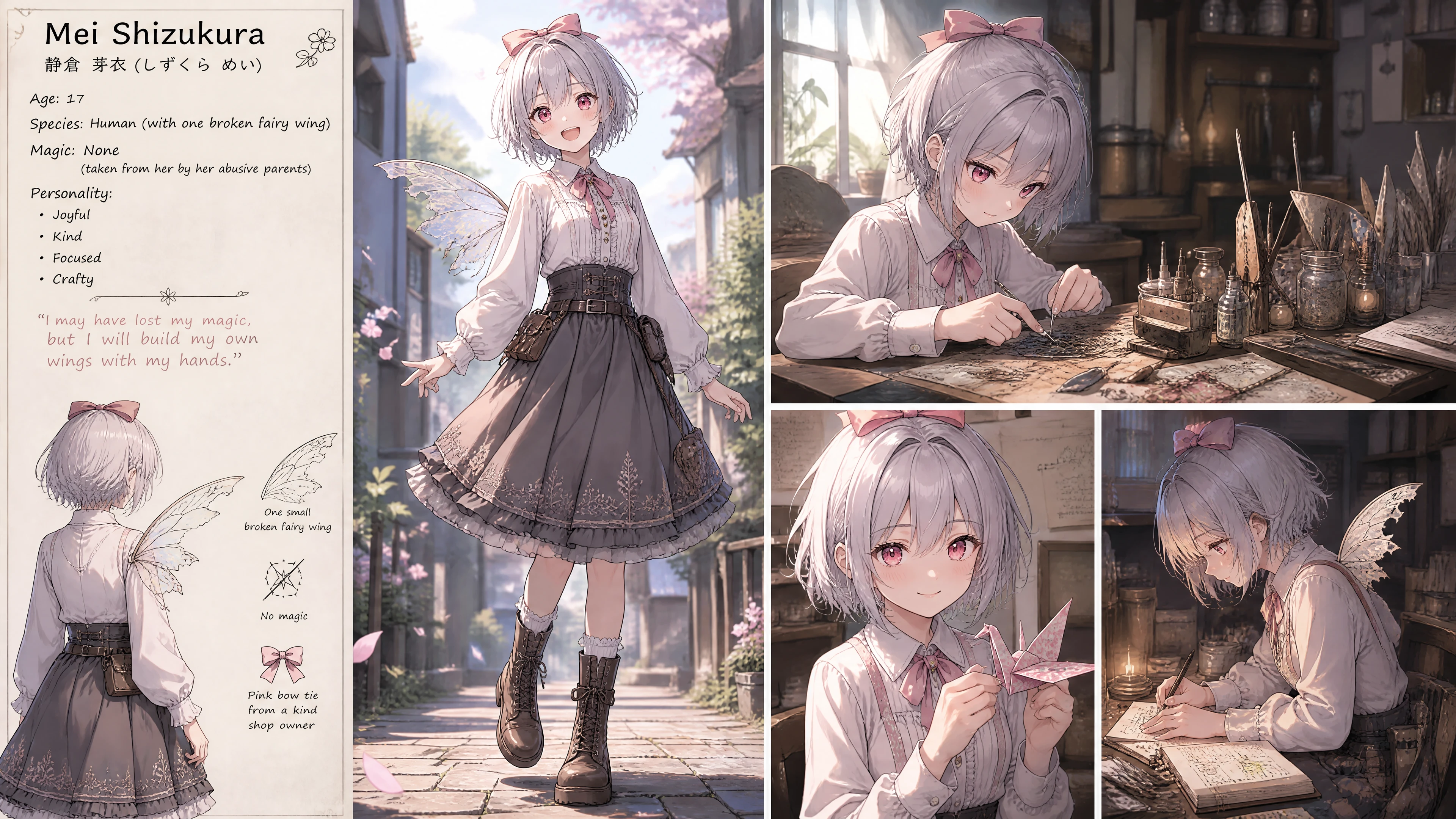 Chica de anime alegre de cabello plateado con una pequeña ala rota