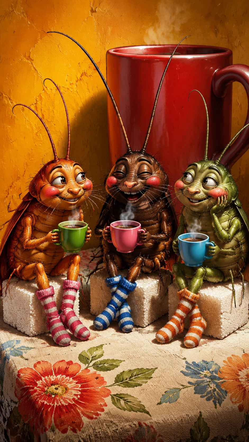 Tres cucarachas amigas y adorables bebiendo café sobre cubos de azúcar