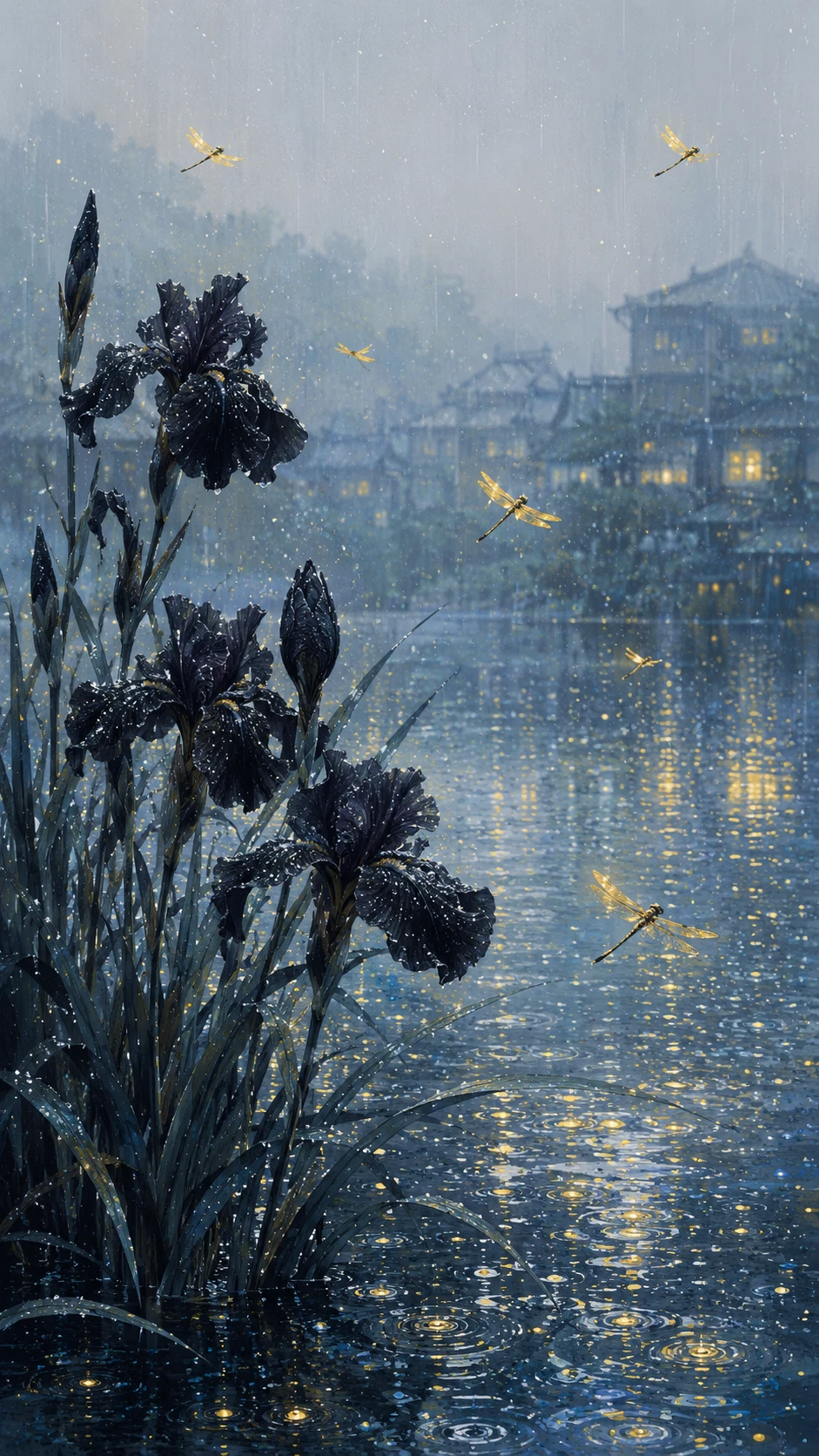 Black irises and yellow dragonflies by a rainy riverside