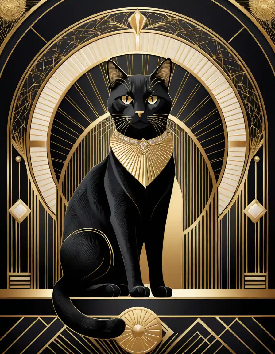 Gato art déco majestuoso sobre pedestal geométrico en tonos dorados