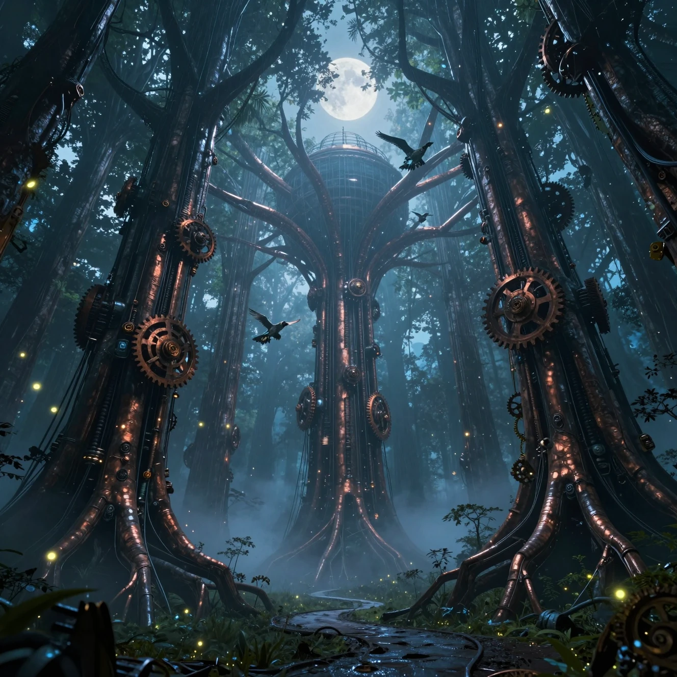 Árvores mecânicas gigantes erguendo-se sobre uma floresta luminosa e enevoada