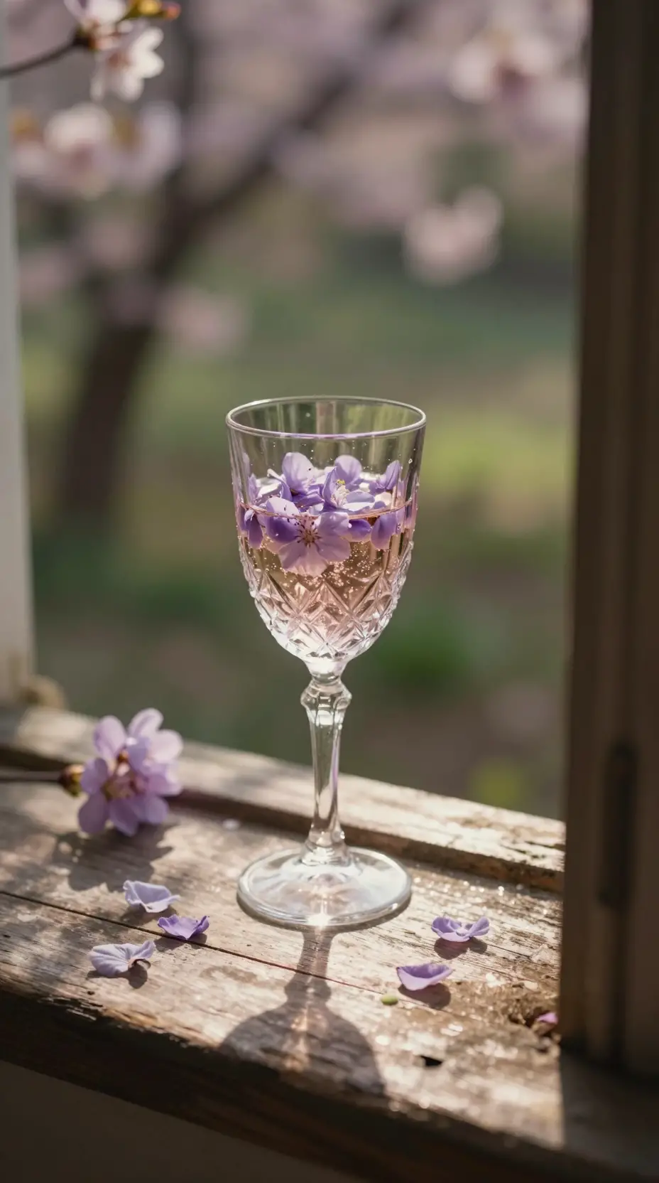 Taça de vinho de cristal com pétalas em um parapeito rústico