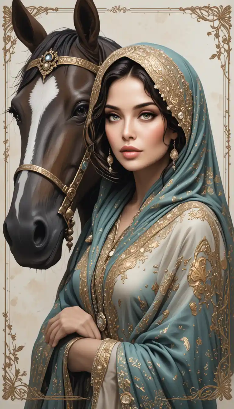Retrato elegante de jovem com cavalo e lenço de cabeça ornamentado