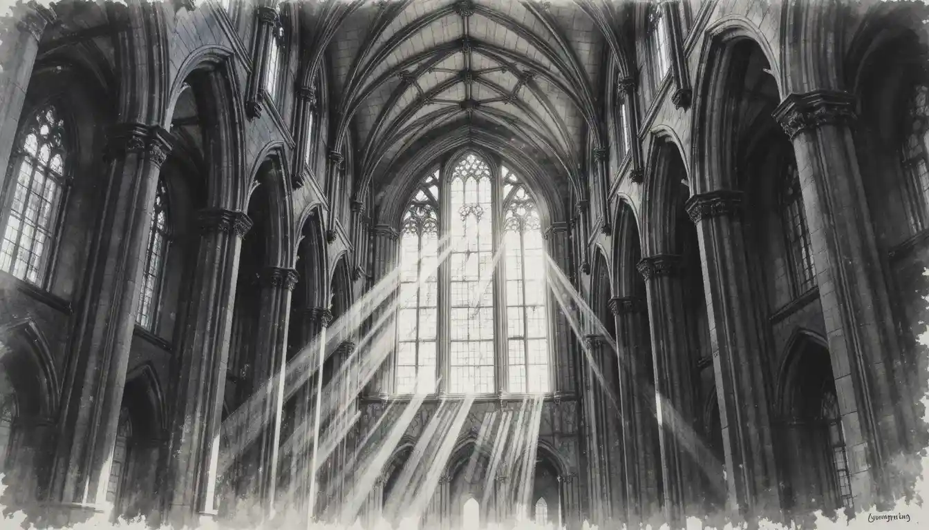 Dibujo a carbón del interior de un gran salón de catedral gótica