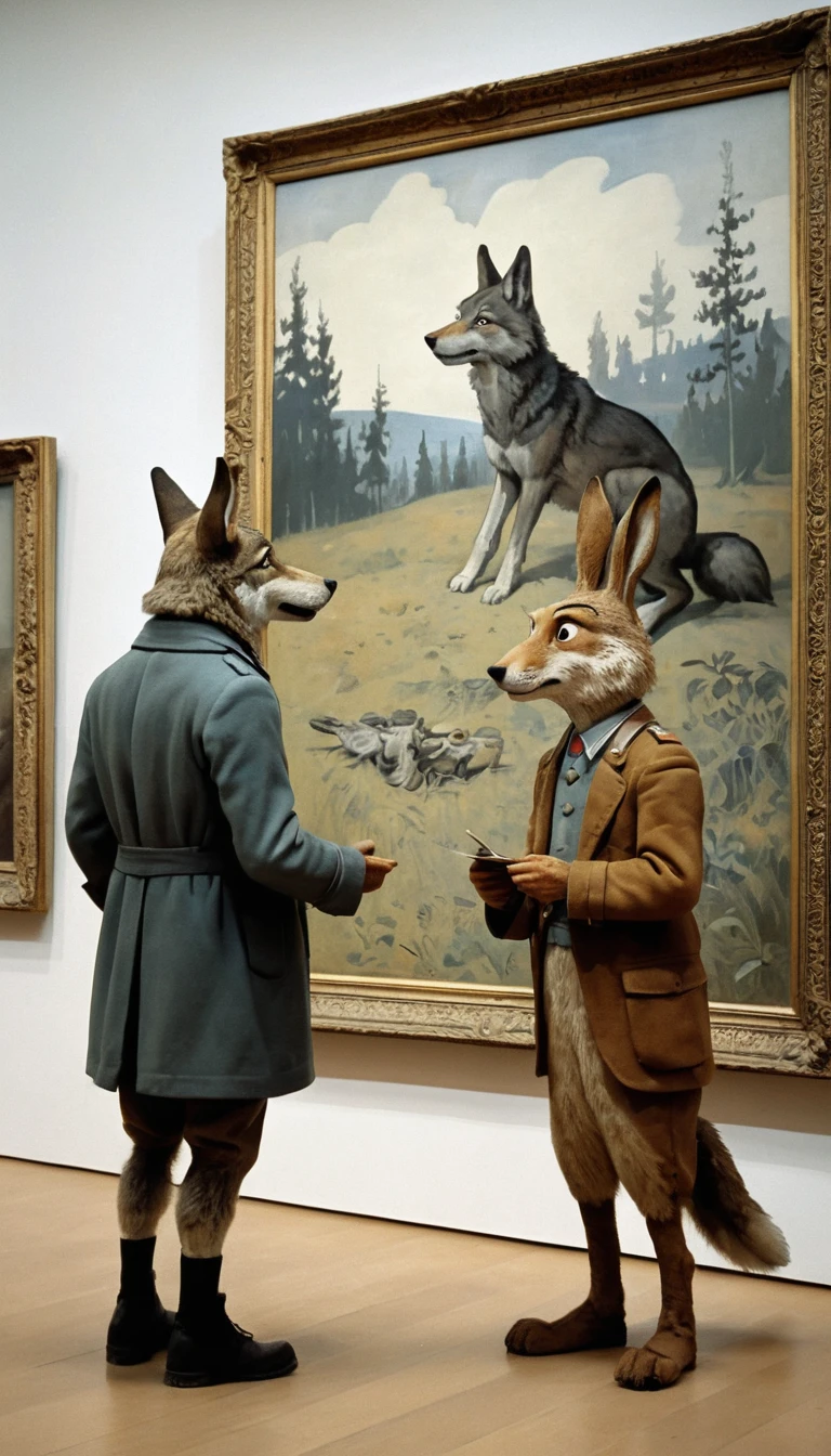 Lobo y liebre de caricatura en una galería de arte de Moscú