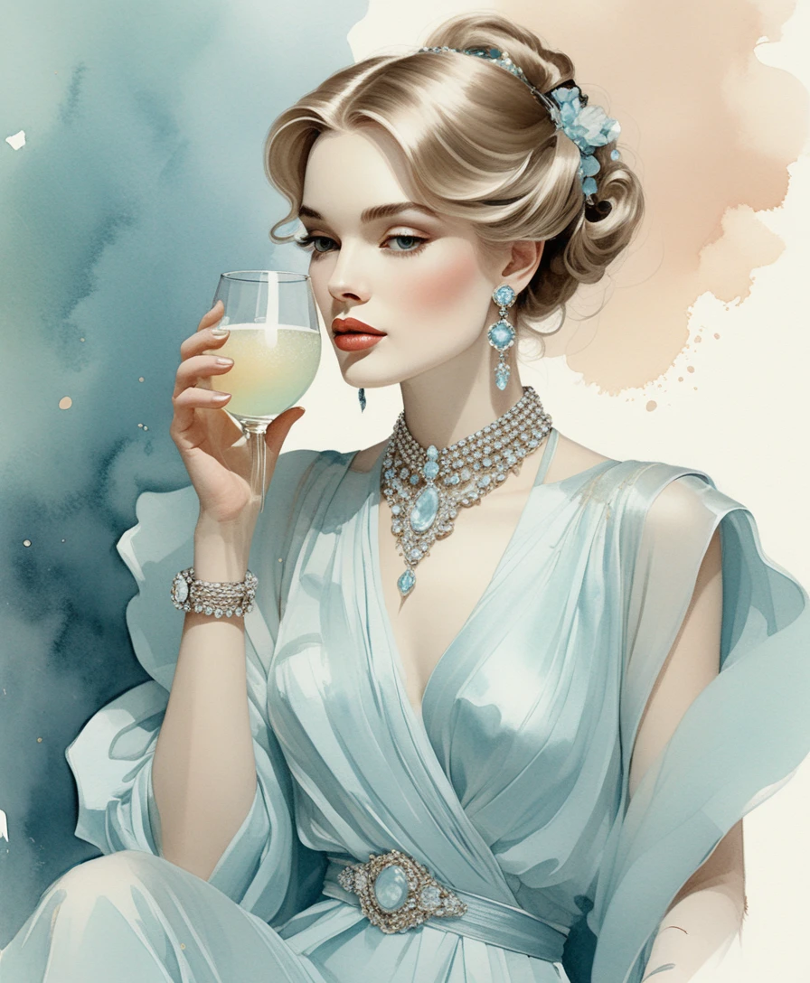 Elegante Frau in Pastellblau, die einen Cocktail genießt