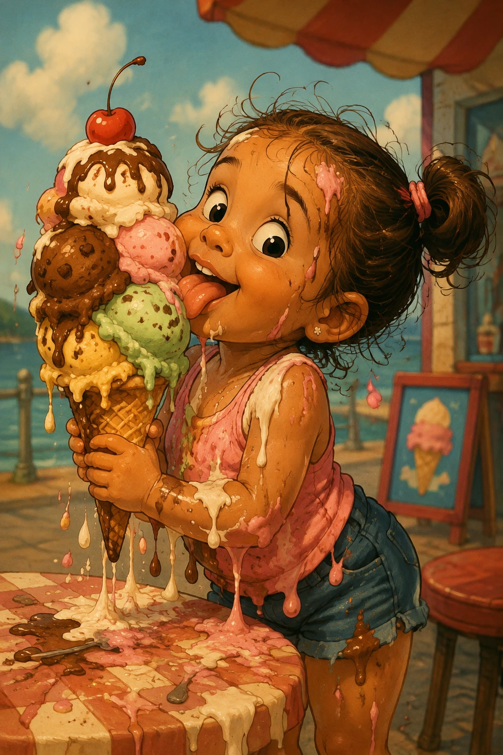 Whimsical girl with melting ice cream in cartoon style