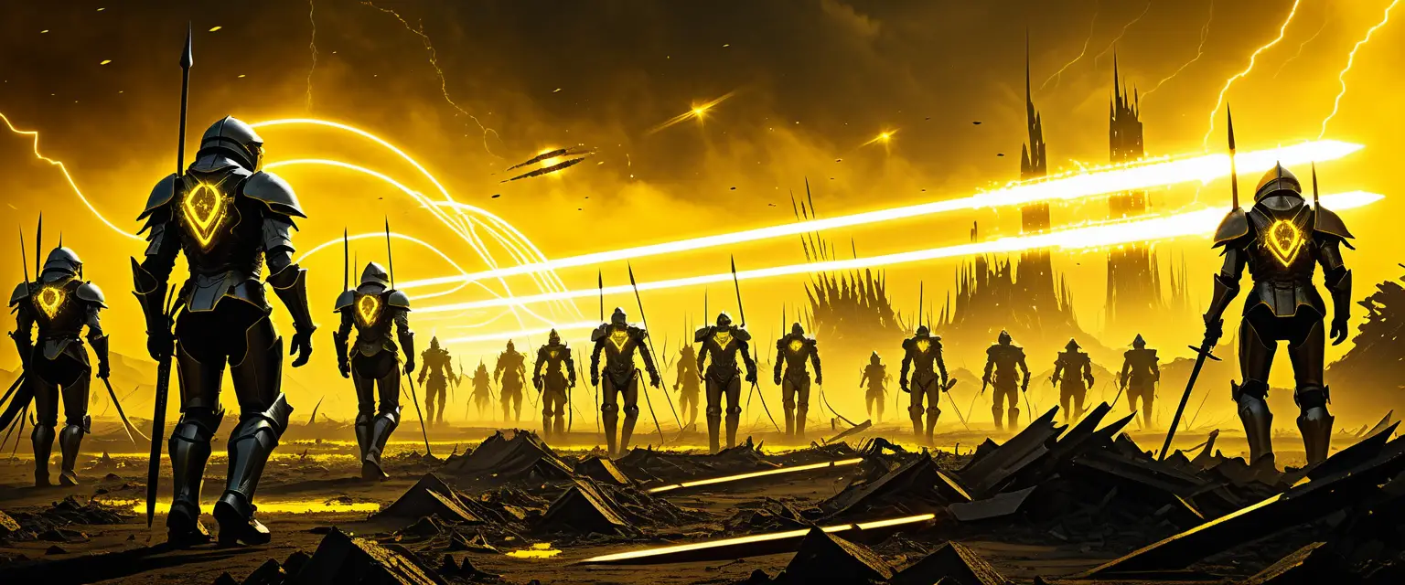 Guerreiros robóticos futuristas marchando por um campo de batalha arruinado
