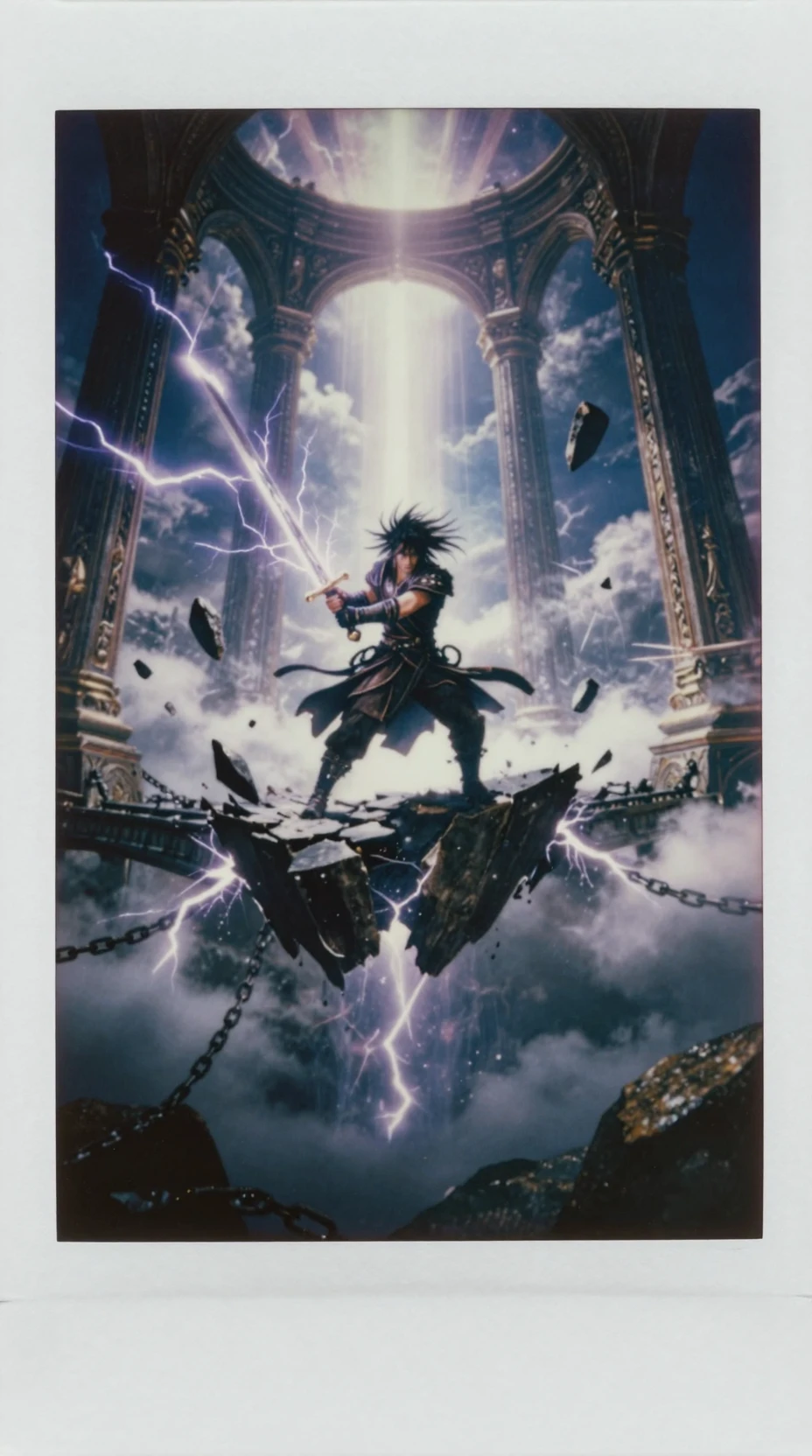 Fantasy warrior on a shattered bridge amid storm clouds
