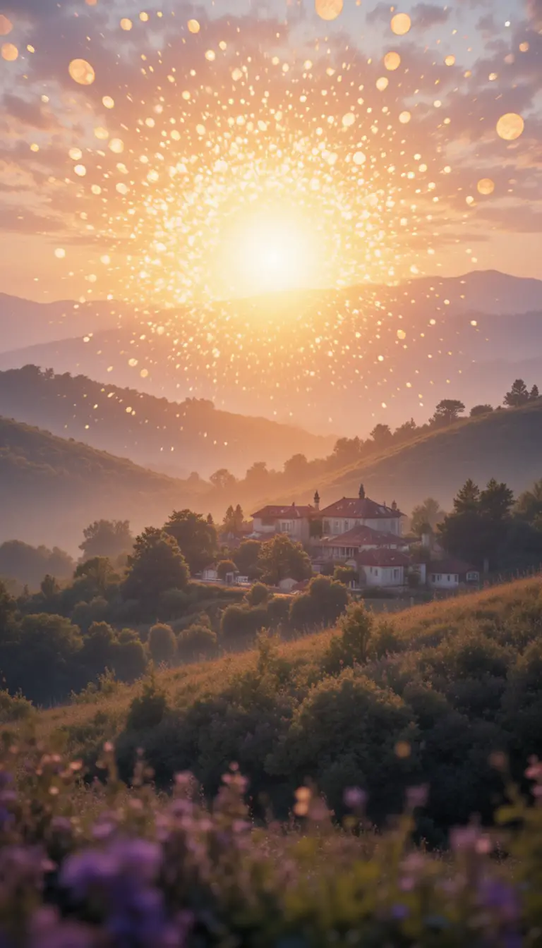 金色夕陽灑落在柔和山丘與遠方發光的小村莊
