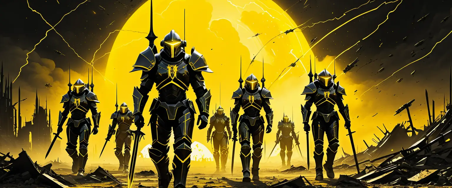 Guerreiros futuristas blindados marcham por um ermo arruinado