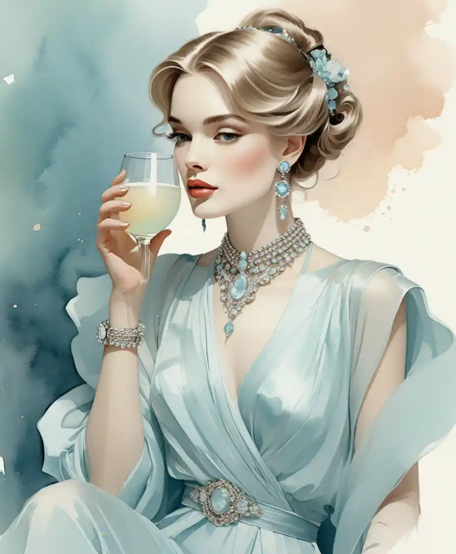 Elegante Frau in Pastellblau, die einen Cocktail genießt