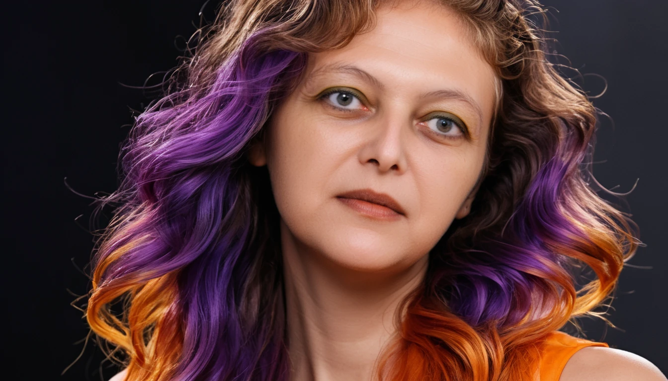 Retrato neón de mujer con cabello de caramelo iridiscente esculpido