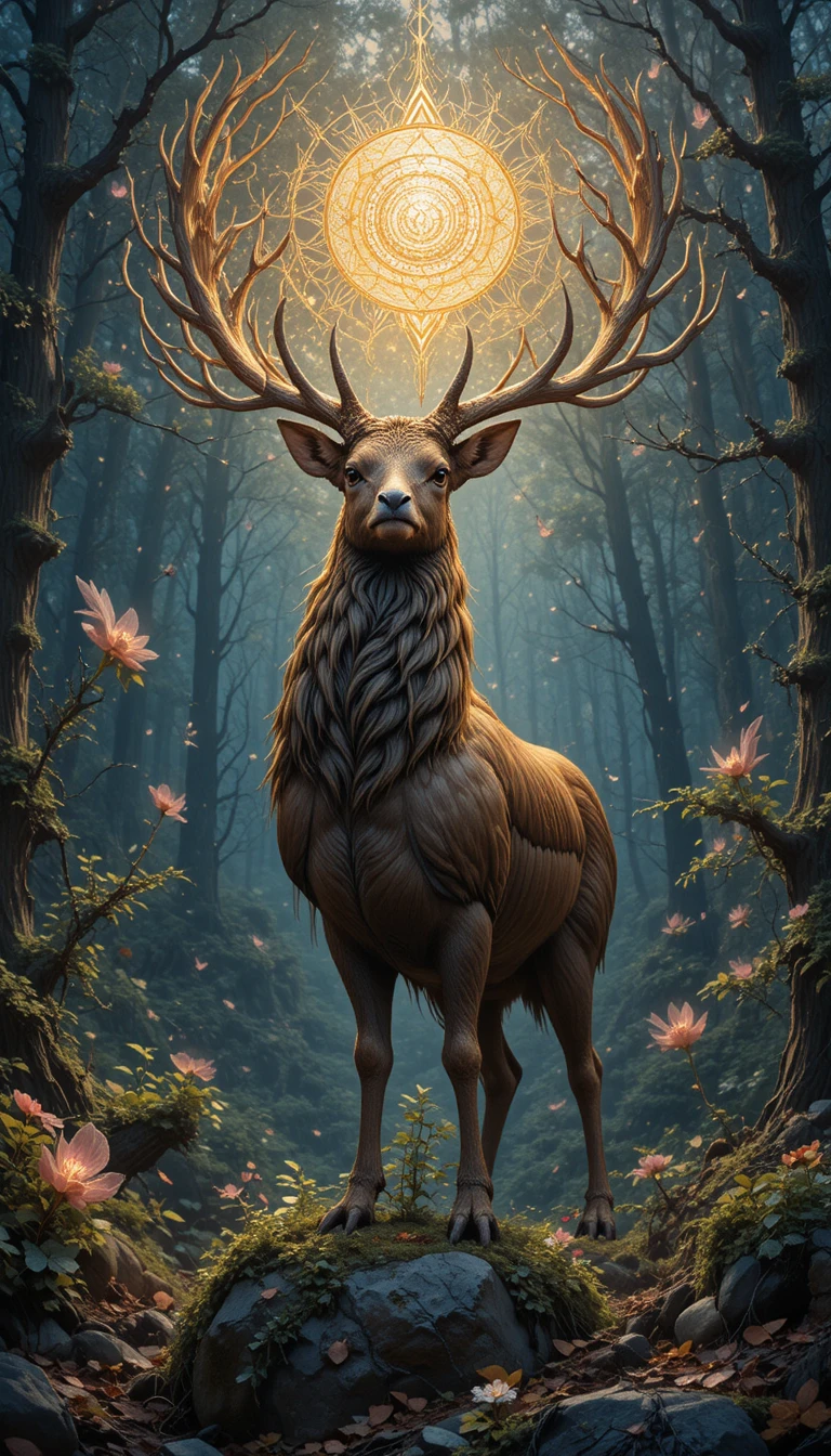 Ciervo majestuoso en un claro bañado por el sol en un bosque ancestral