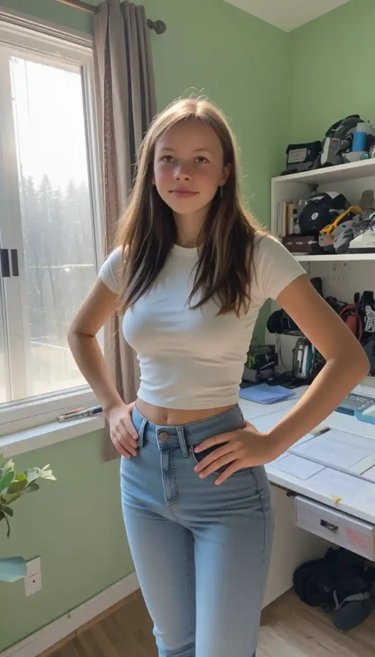 Young woman in white t shirt by a bright window