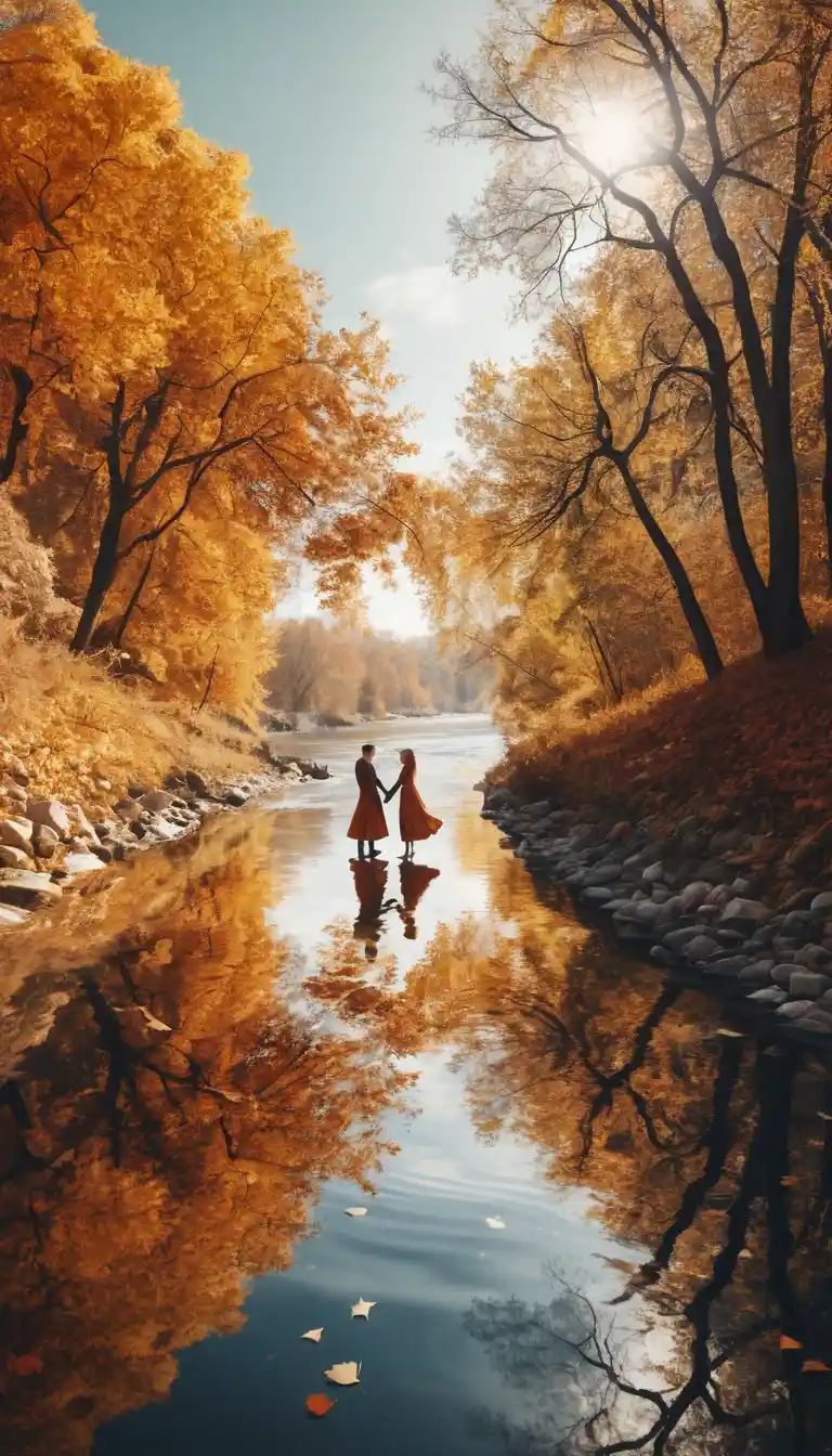 Autumn leaves forming romantic lovers above a flowing river