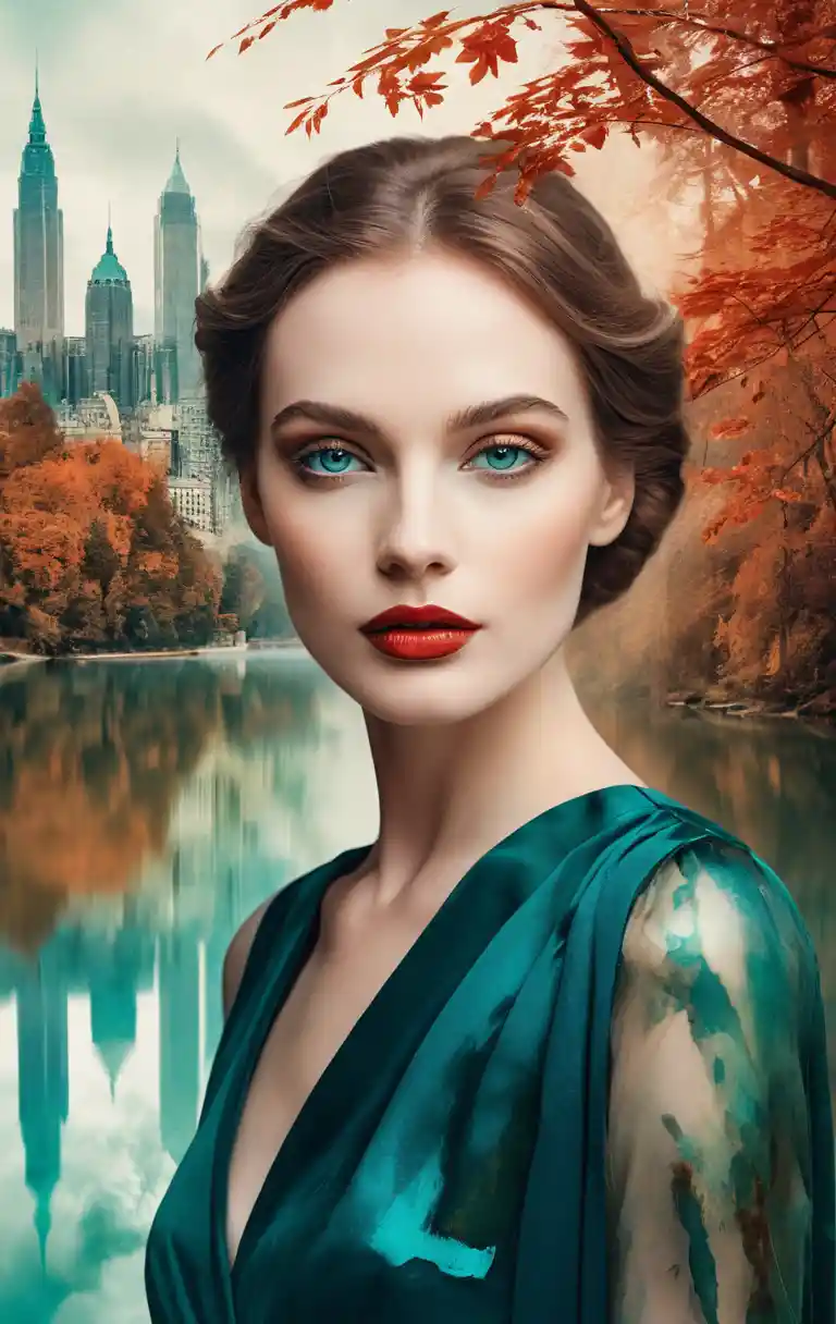 Retrato em dupla exposição de uma mulher elegante e a natureza
