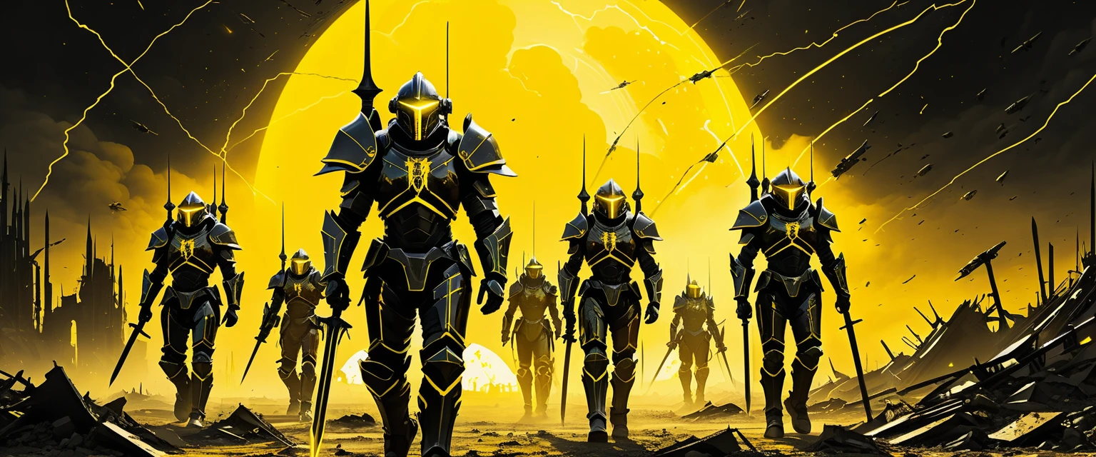 Guerreiros futuristas blindados marcham por um ermo arruinado