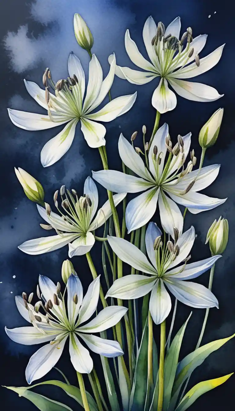 Weiße Agapanthus und Wildblumen vor dunkelblauem Hintergrund