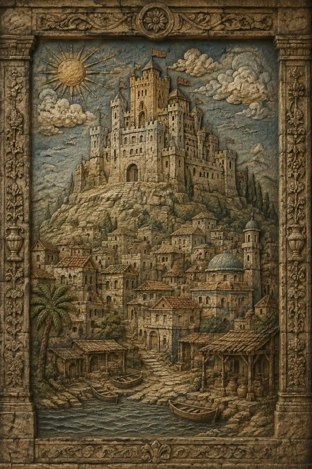 Relevo em pedra colorido de um castelo medieval na colina