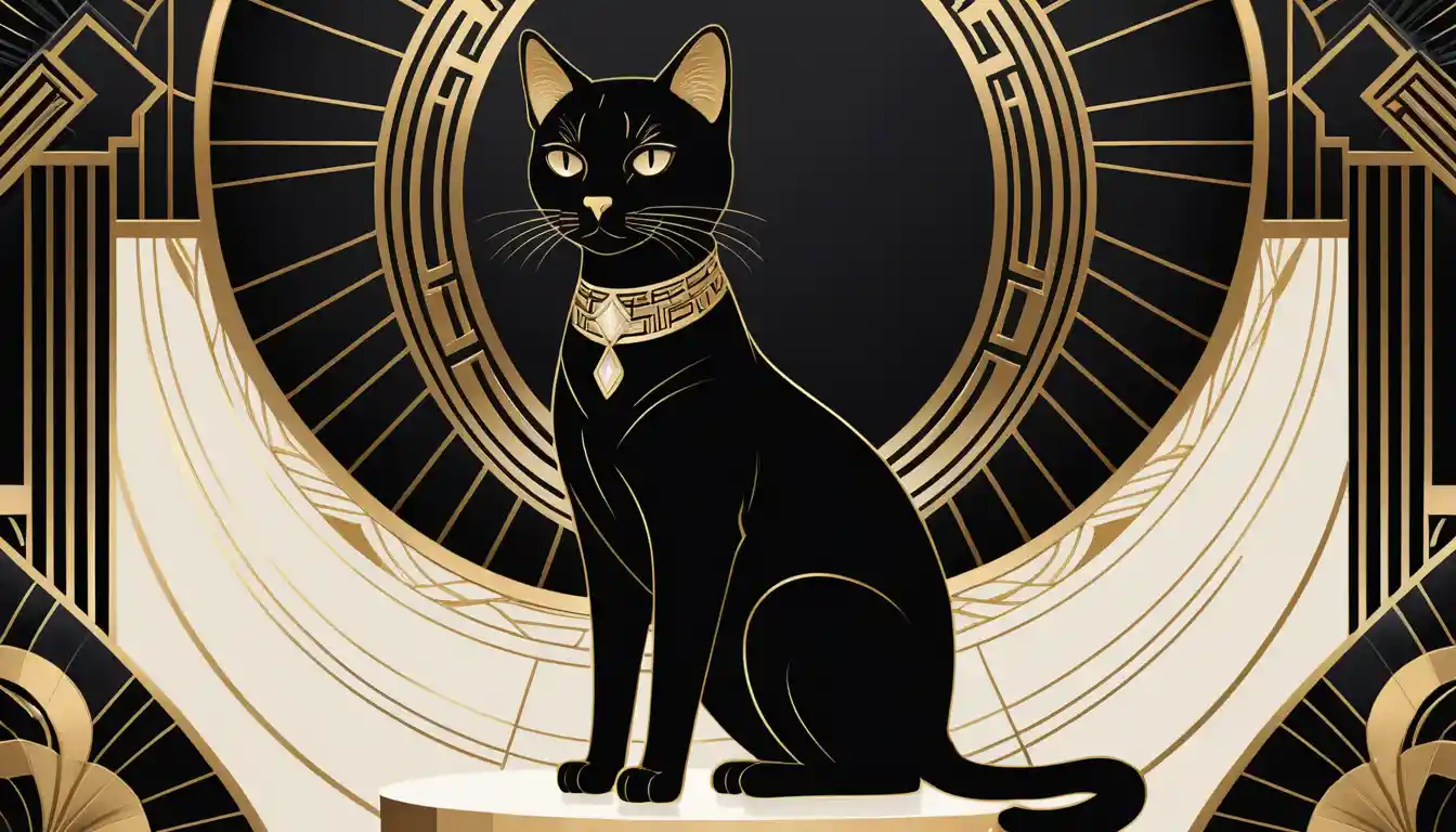 Elegante gato art déco sobre pedestal geométrico en tonos dorados