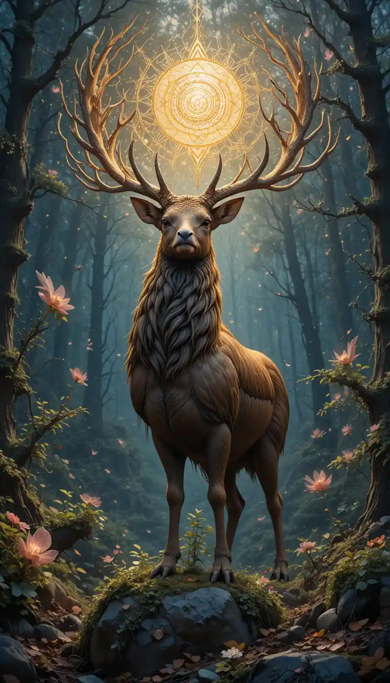 Majestic stag on a sunlit clearing in ancient forest