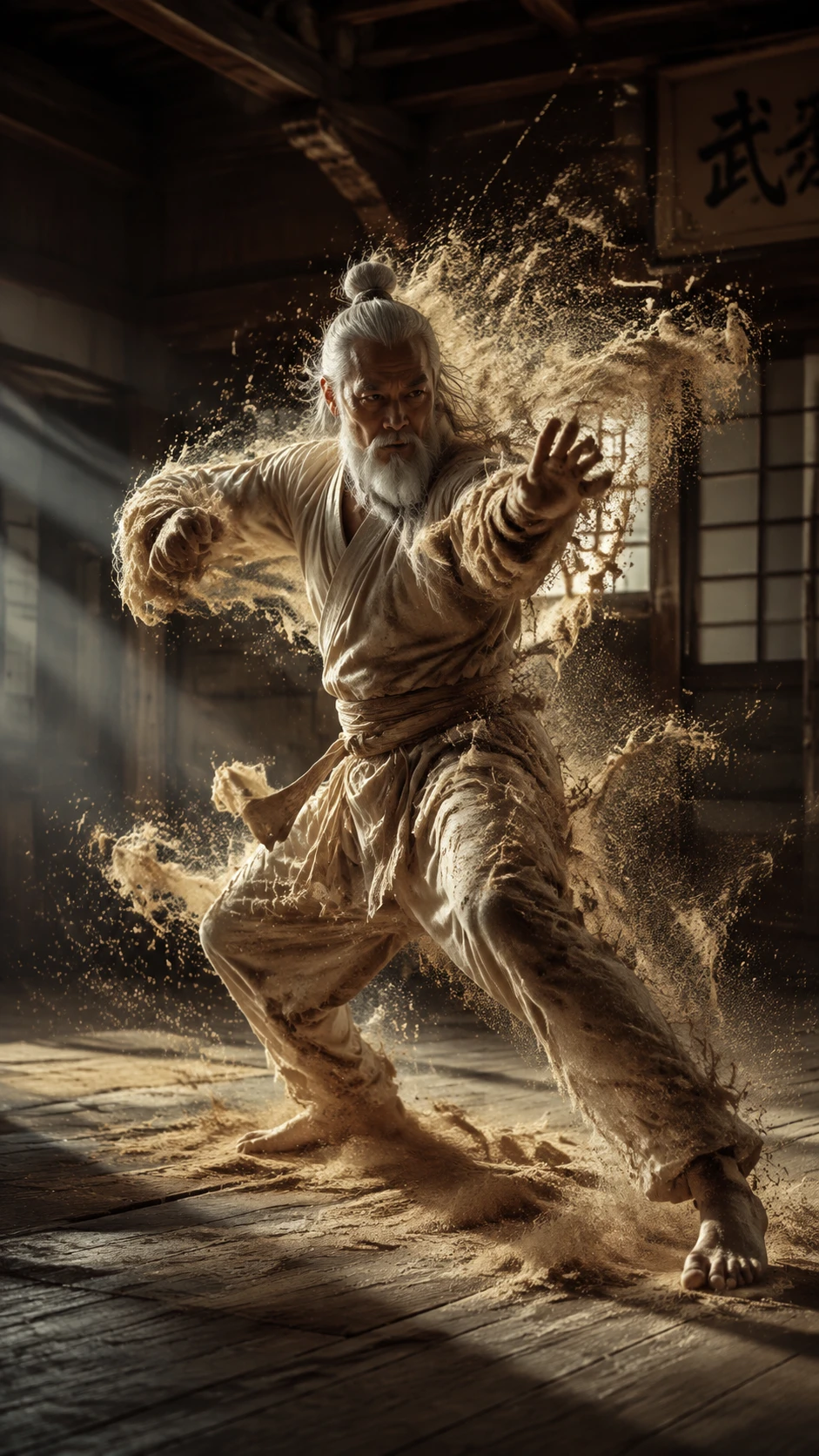 Anciano maestro de artes marciales disolviéndose en arena en el dojo