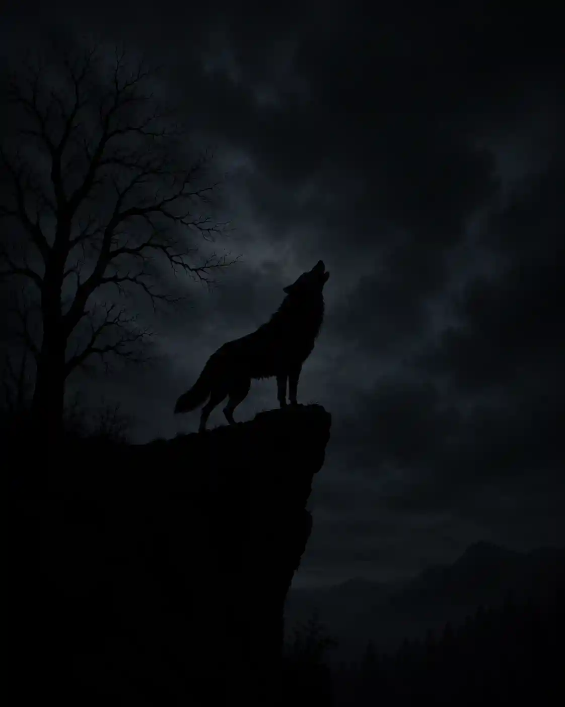 Silhueta de lobo uivando em um penhasco sob um céu escuro