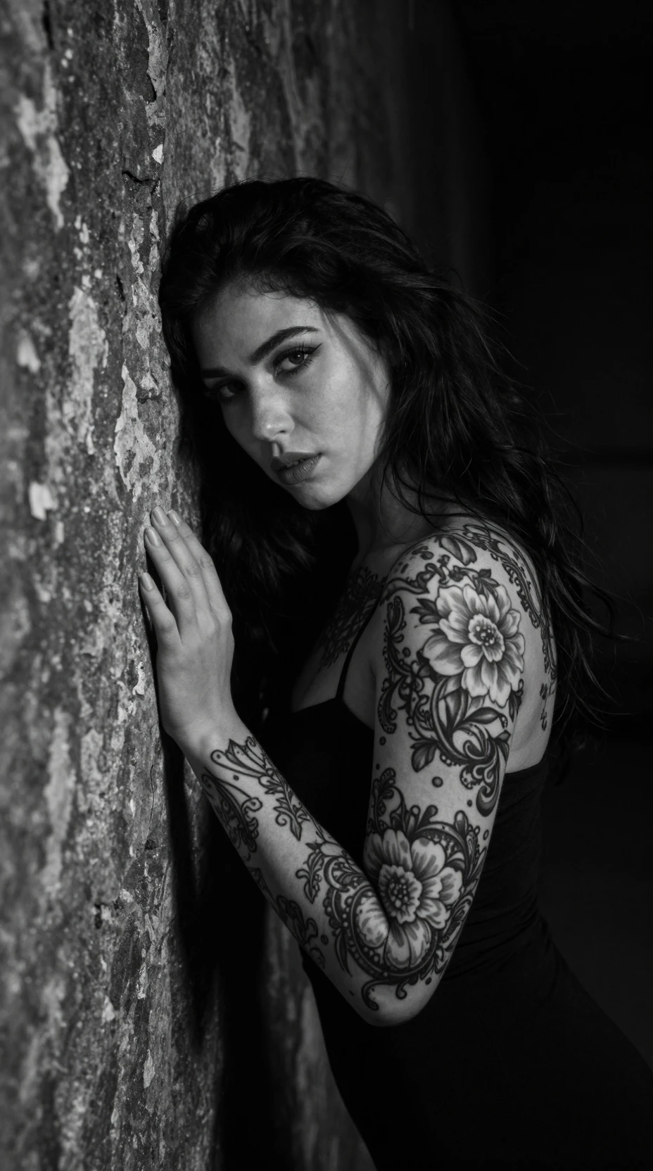 Mulher tatuada em preto e branco dramático contra parede de pedra
