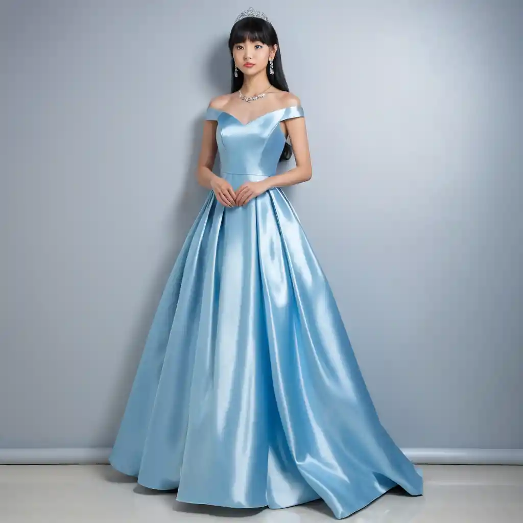 Garota japonesa elegante em vestido de baile de cetim azul