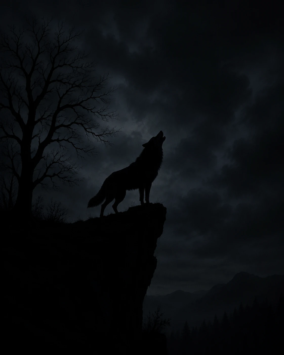 Silhueta de lobo uivando em um penhasco sob um céu escuro