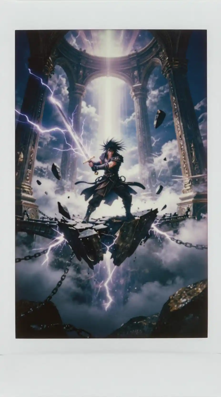 Fantasy warrior on a shattered bridge amid storm clouds