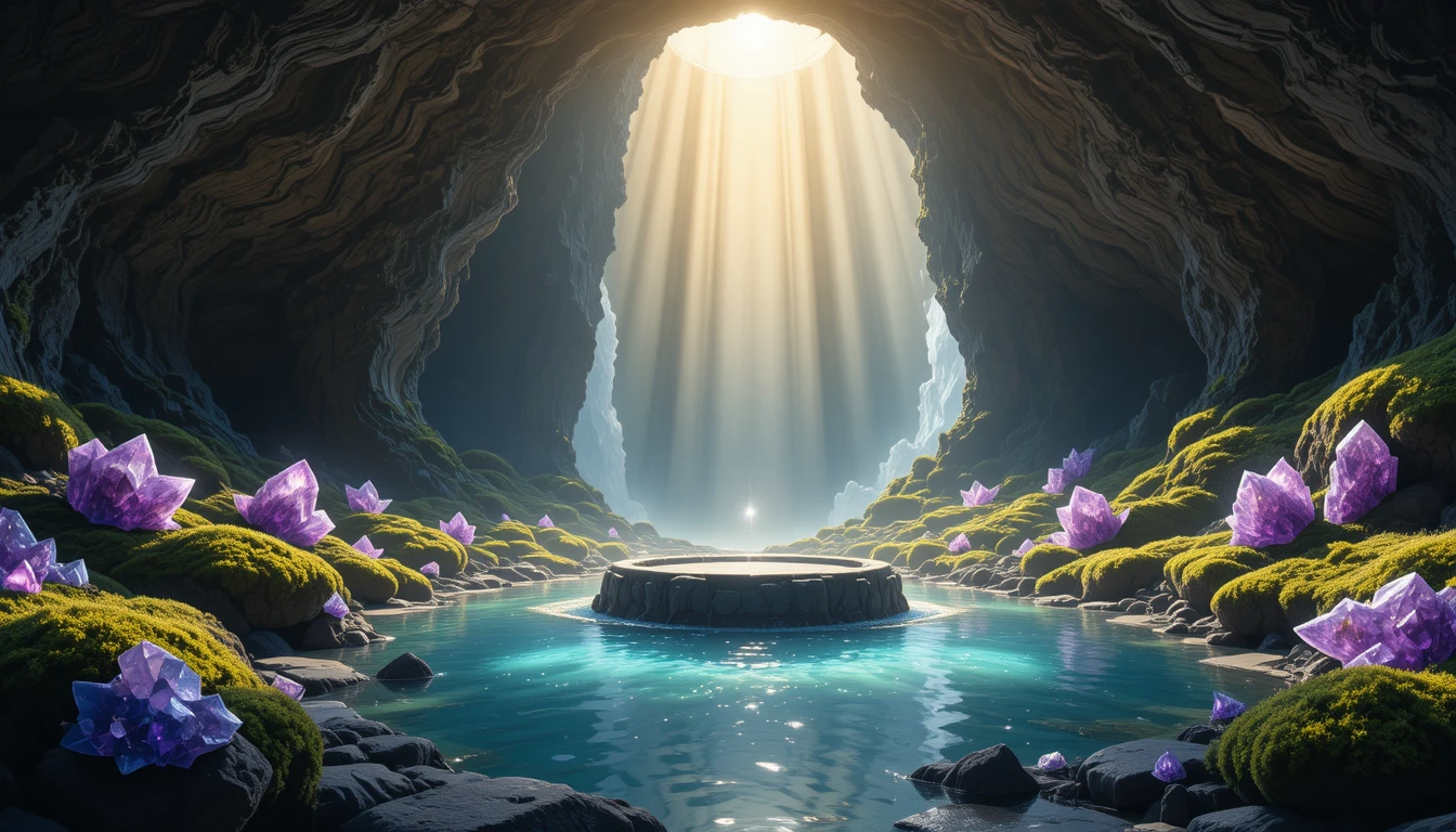 Sunlit crystal cave sanctuary with altar and reflection pool
