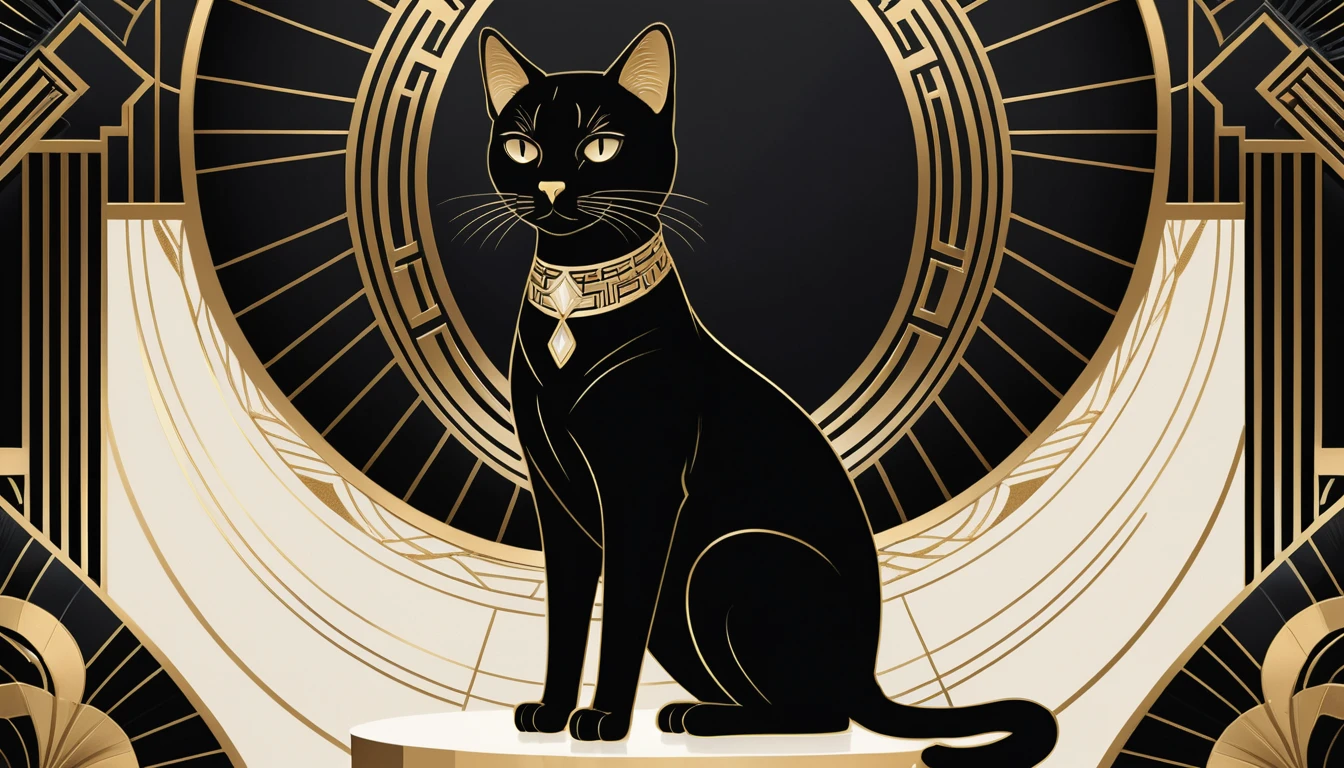 Elegant art deco cat on geometric pedestal in gold tones