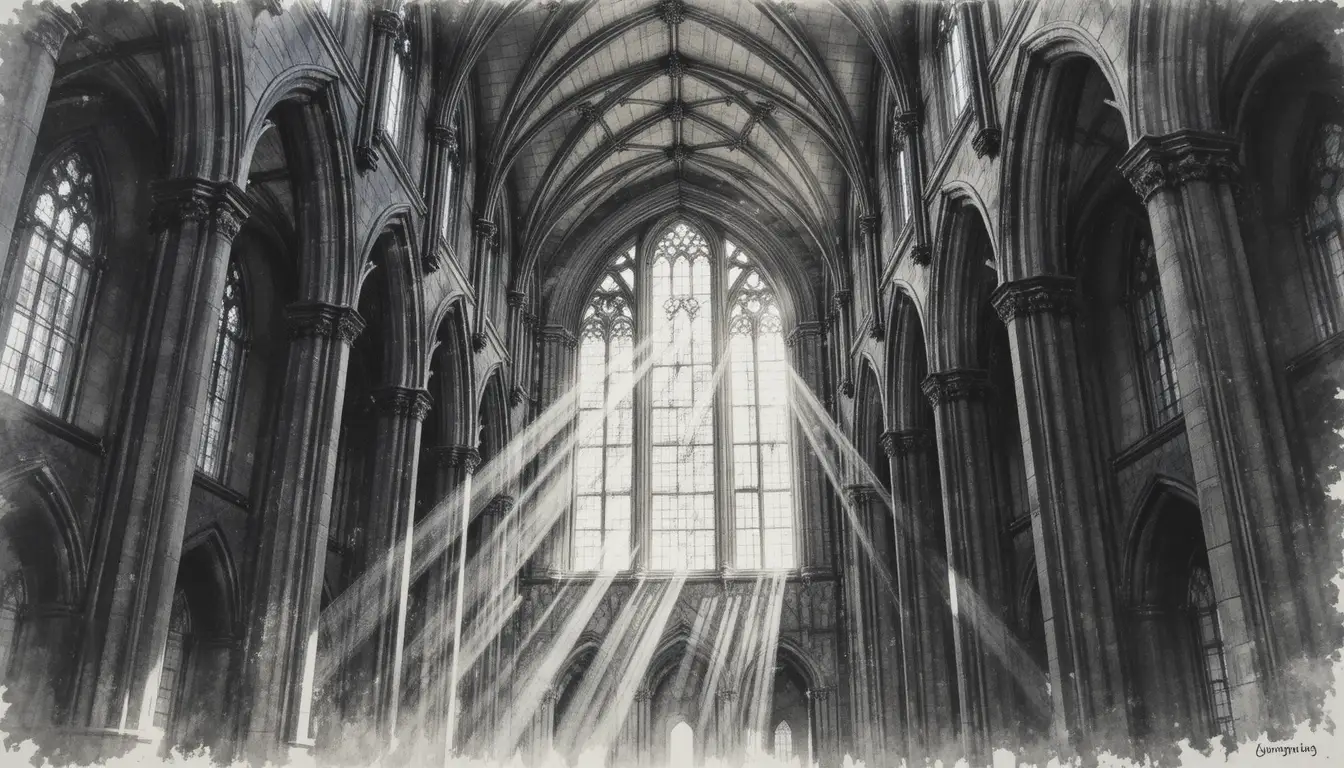 Dibujo a carbón del interior de un gran salón de catedral gótica
