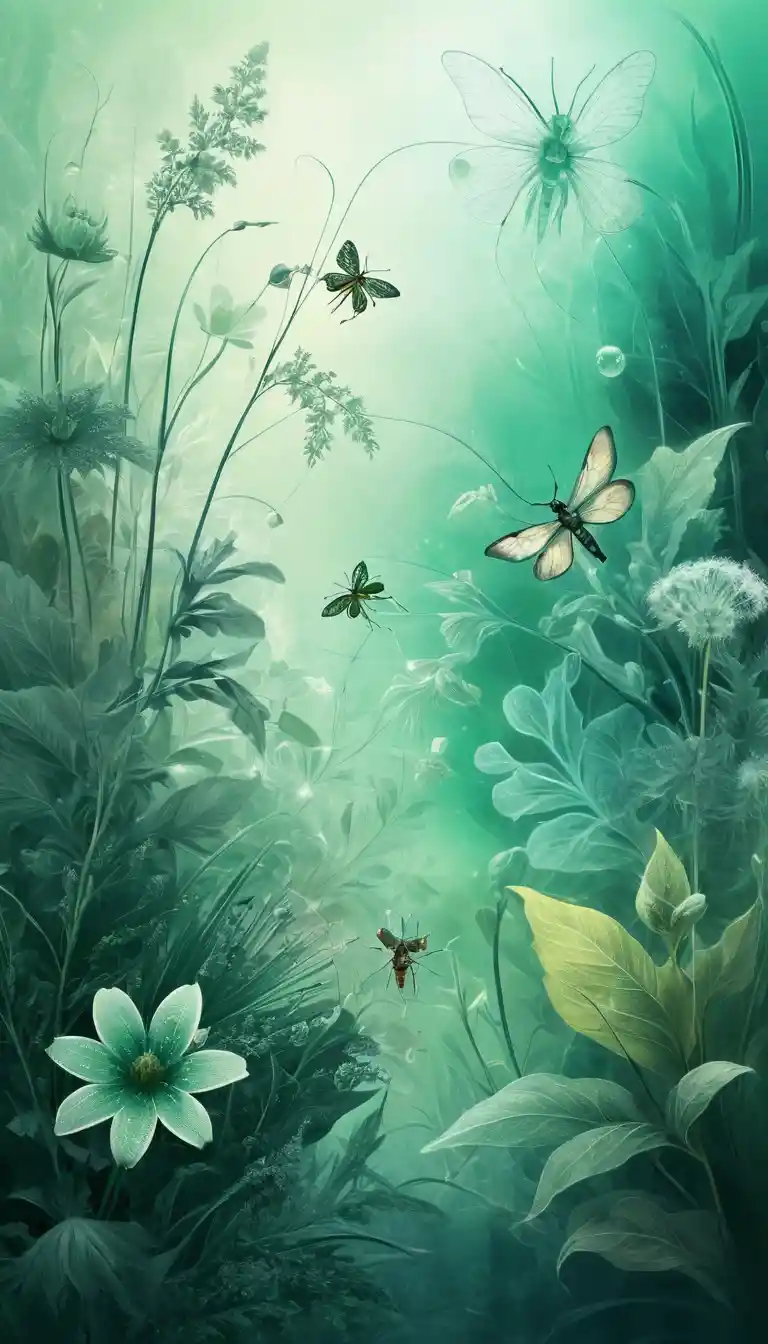 Flores etéreas em close com orvalho e folhagem esmeralda