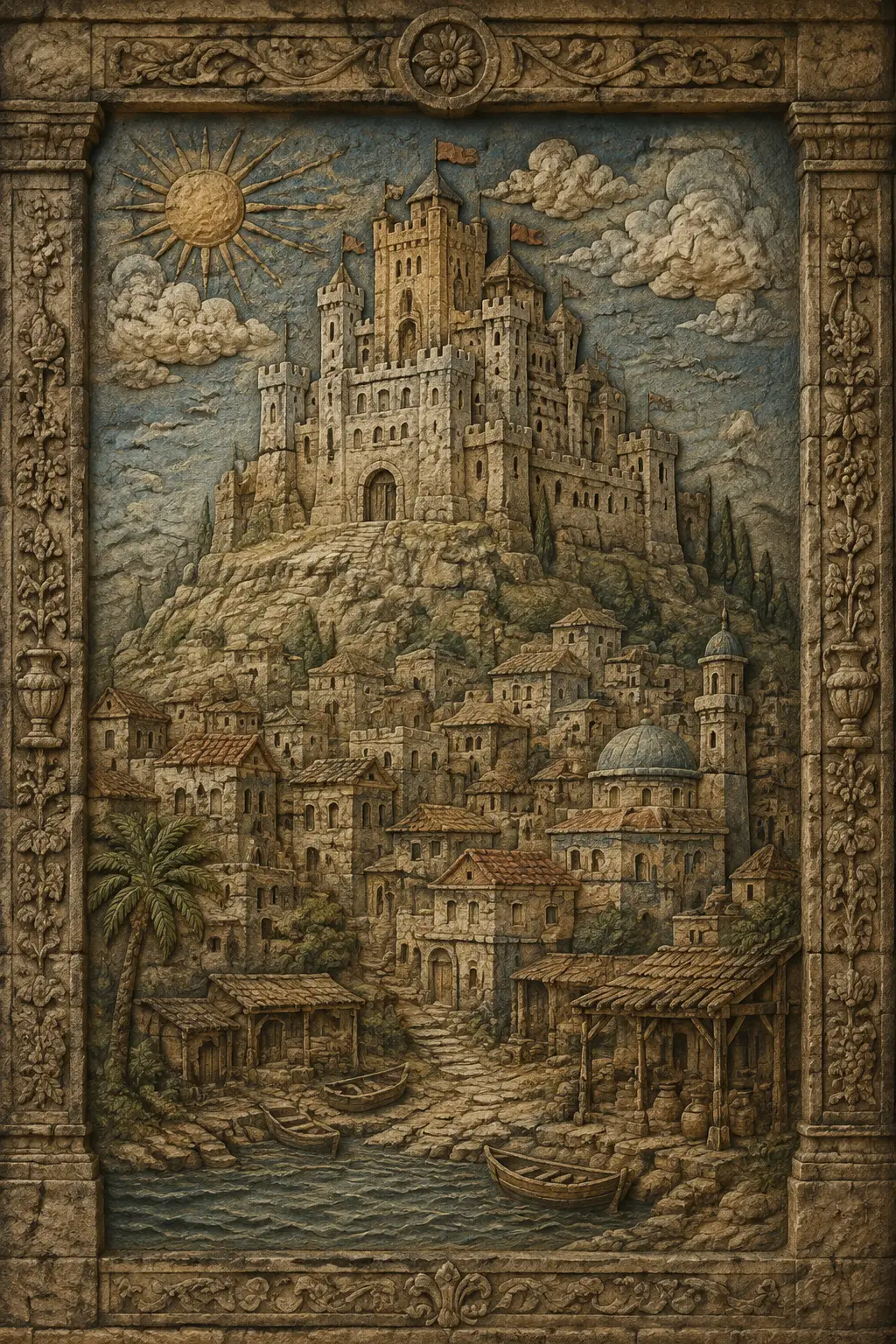Relevo em pedra colorido de um castelo medieval na colina