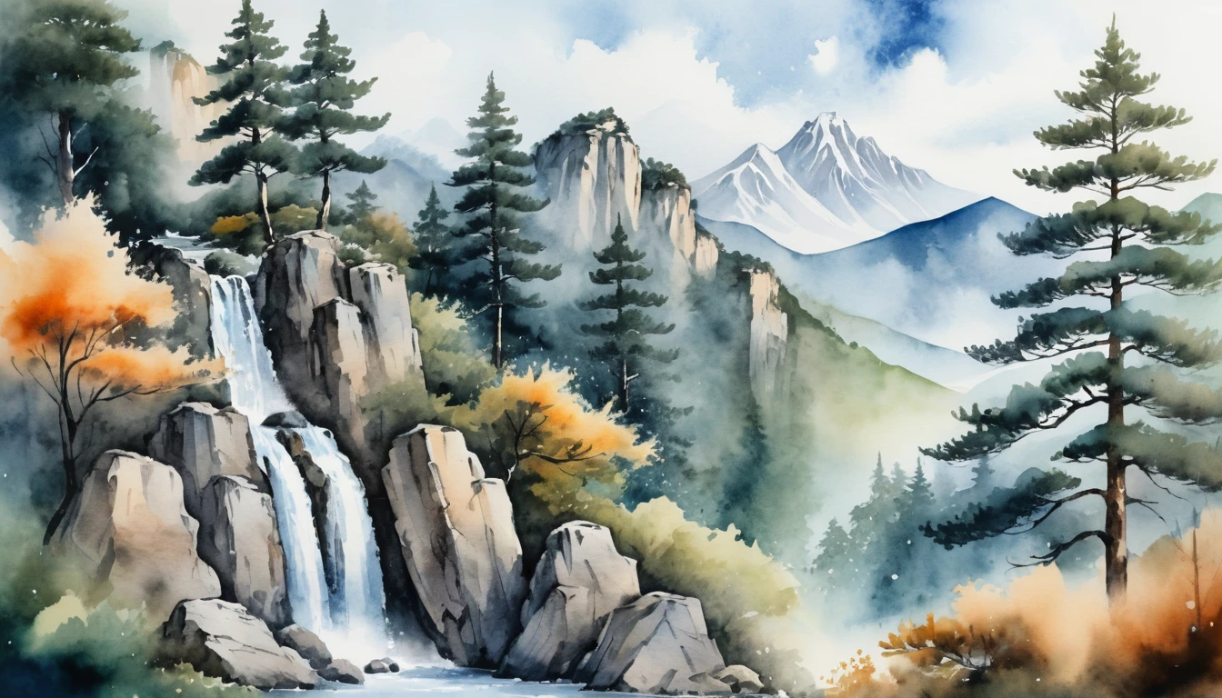 Paisaje de montaña en acuarela con cascada y pinos