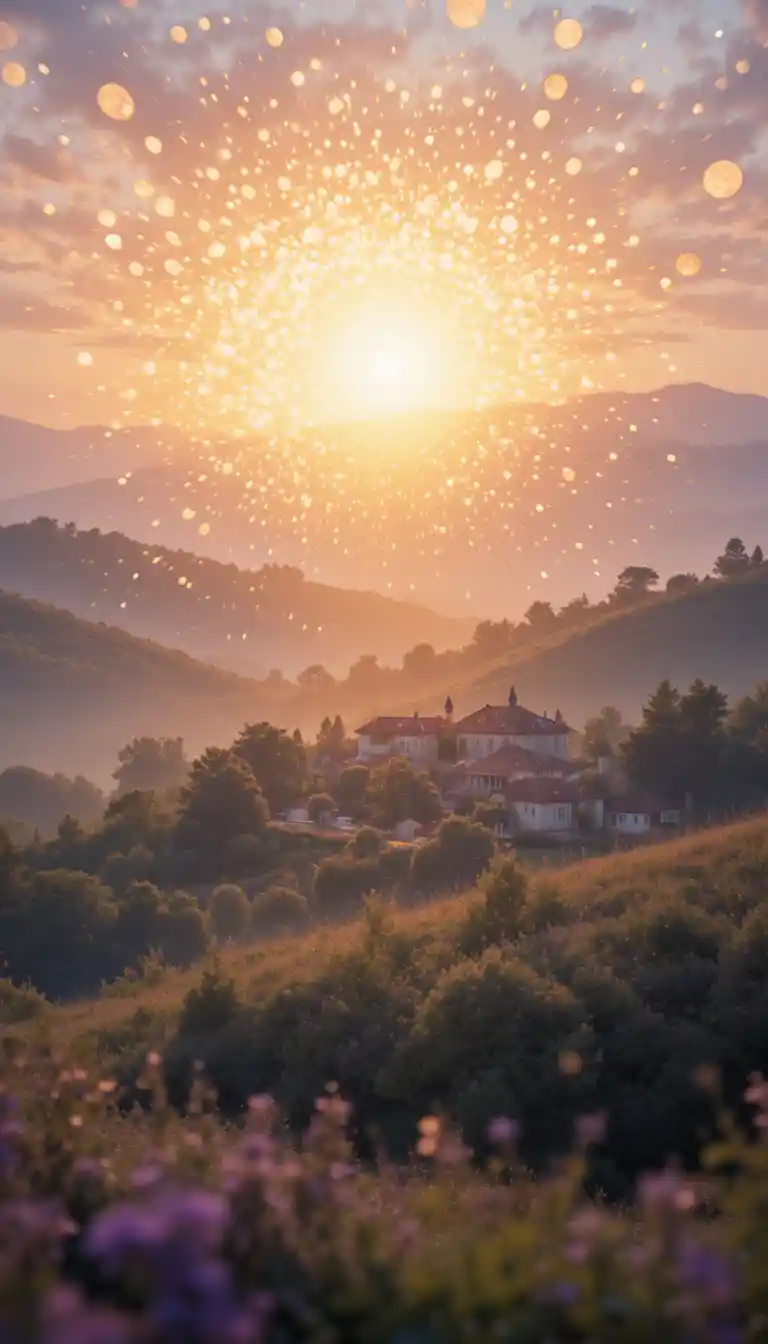 Golden sunset over soft hills and distant glowing village