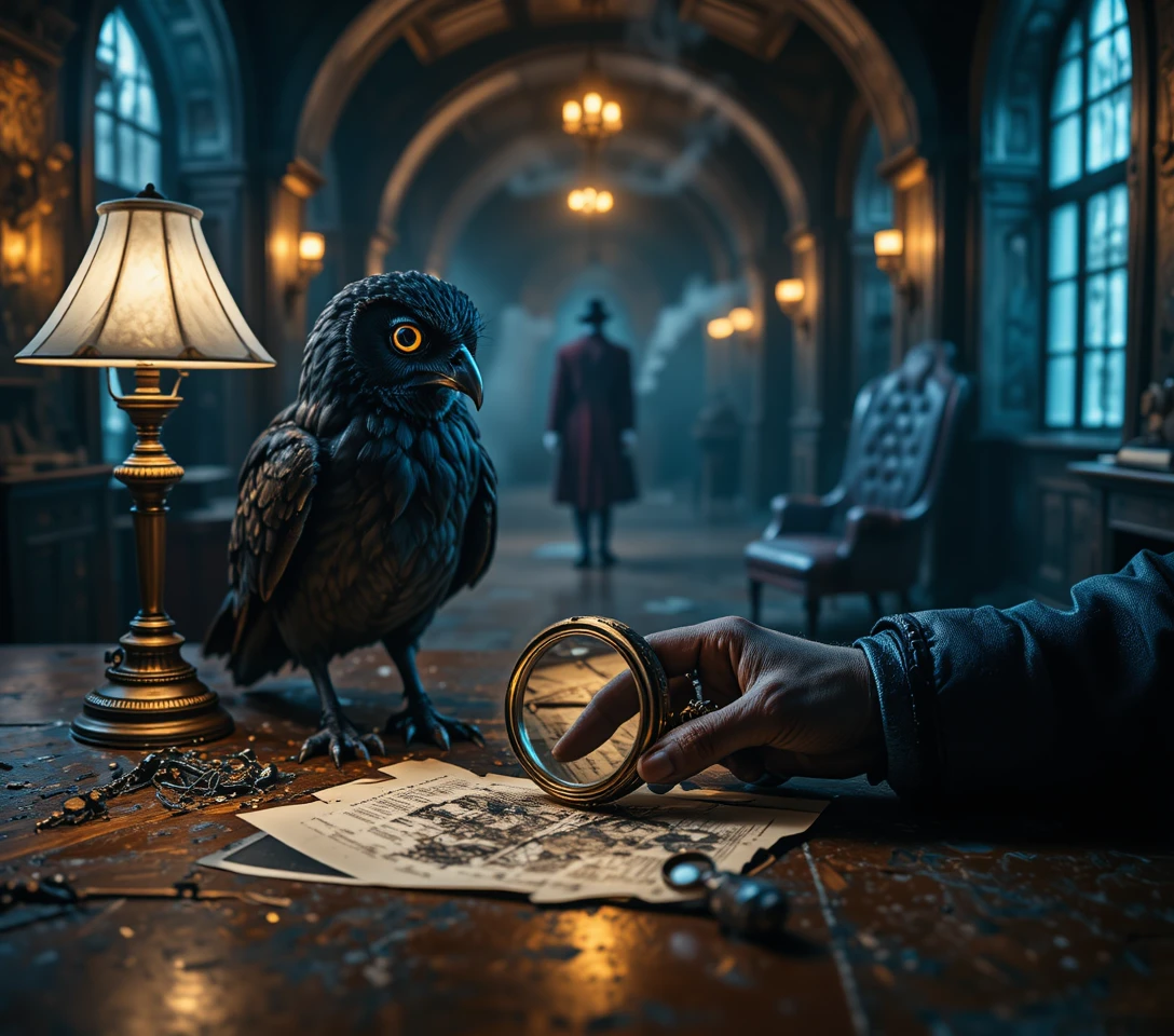 Détective hibou étudiant une photo déchirée à son bureau