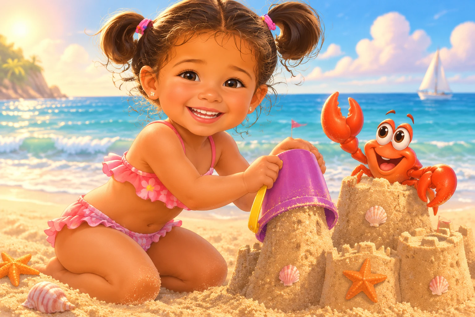 Menina fantasiosa construindo castelo de areia com caranguejo na praia