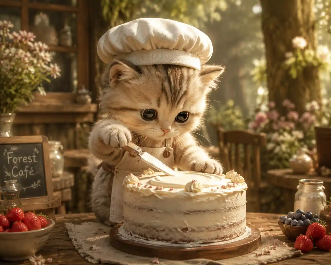 Minúsculo gatinho confeiteiro cobrindo um bolo em café na floresta