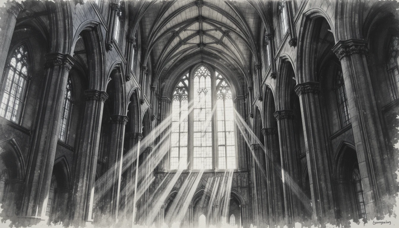 Charcoal drawing of a grand gothic cathedral hall interior