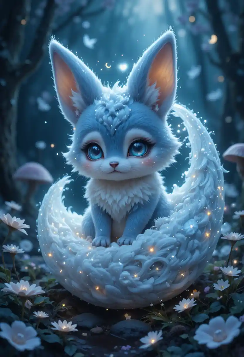 Pequena criatura mágica embalando o luar brilhante entre flores