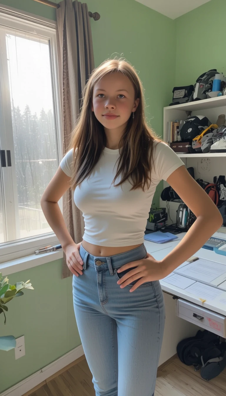Young woman in white t shirt by a bright window
