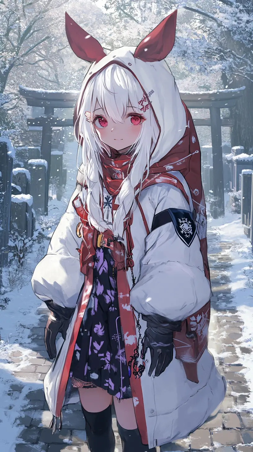 Anime girl in a long white coat walking through snowy village