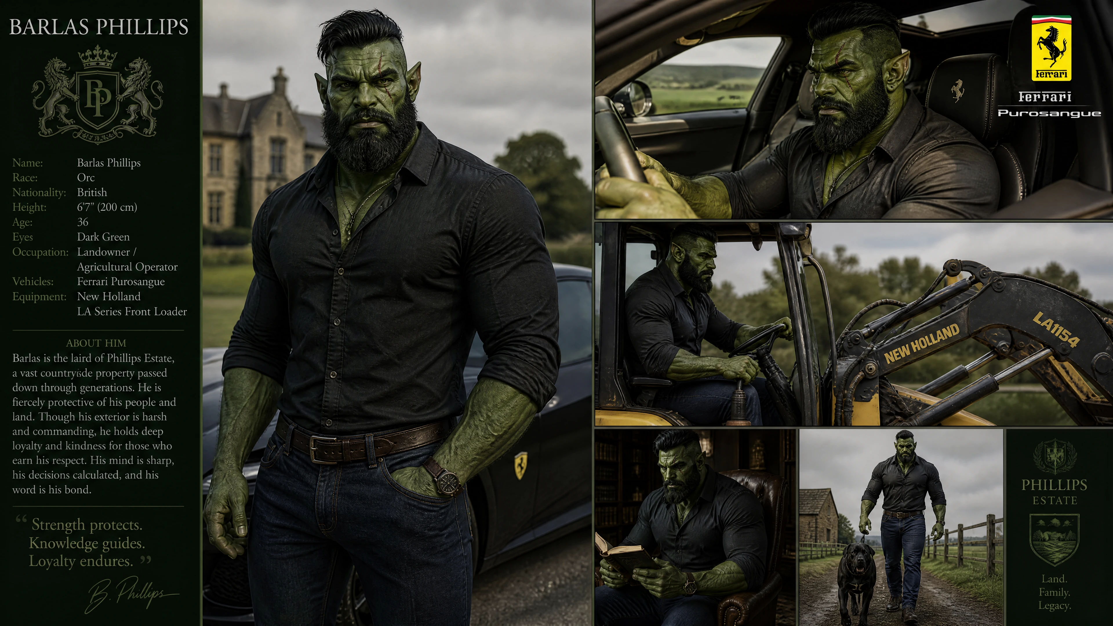 Tall green orc driving a modern suv car