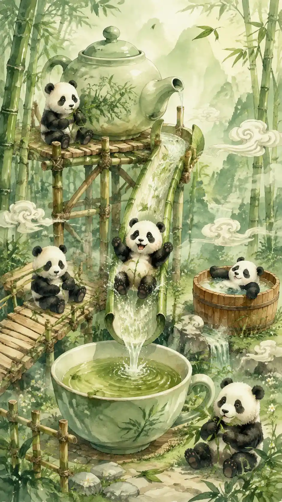 Playful Panda Cubs Around A Bamboo Teapot Playground